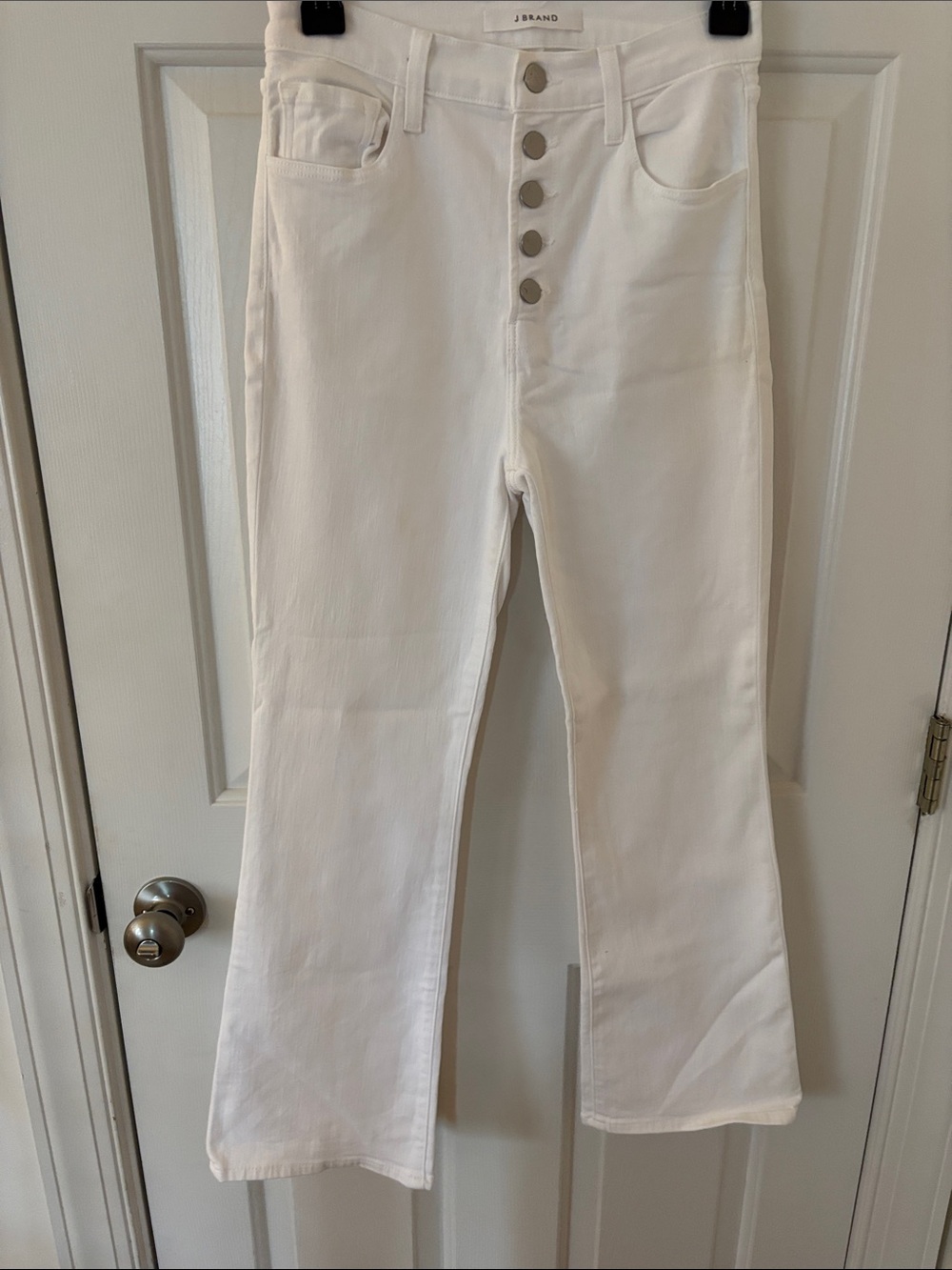 J Brand White High-Rise Button-Front Flare Jeans